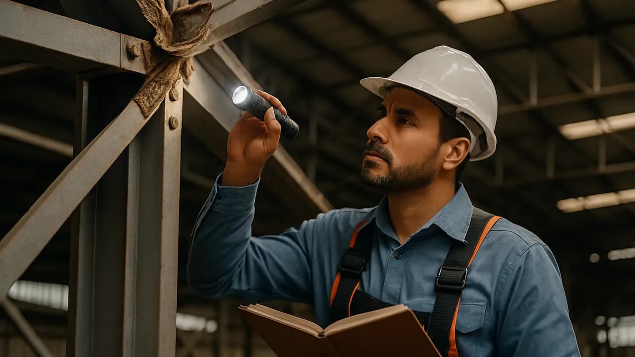 Inspeção detalhada de ligações e chumbadores após o vendaval, etapa essencial antes da reocupação do galpão.