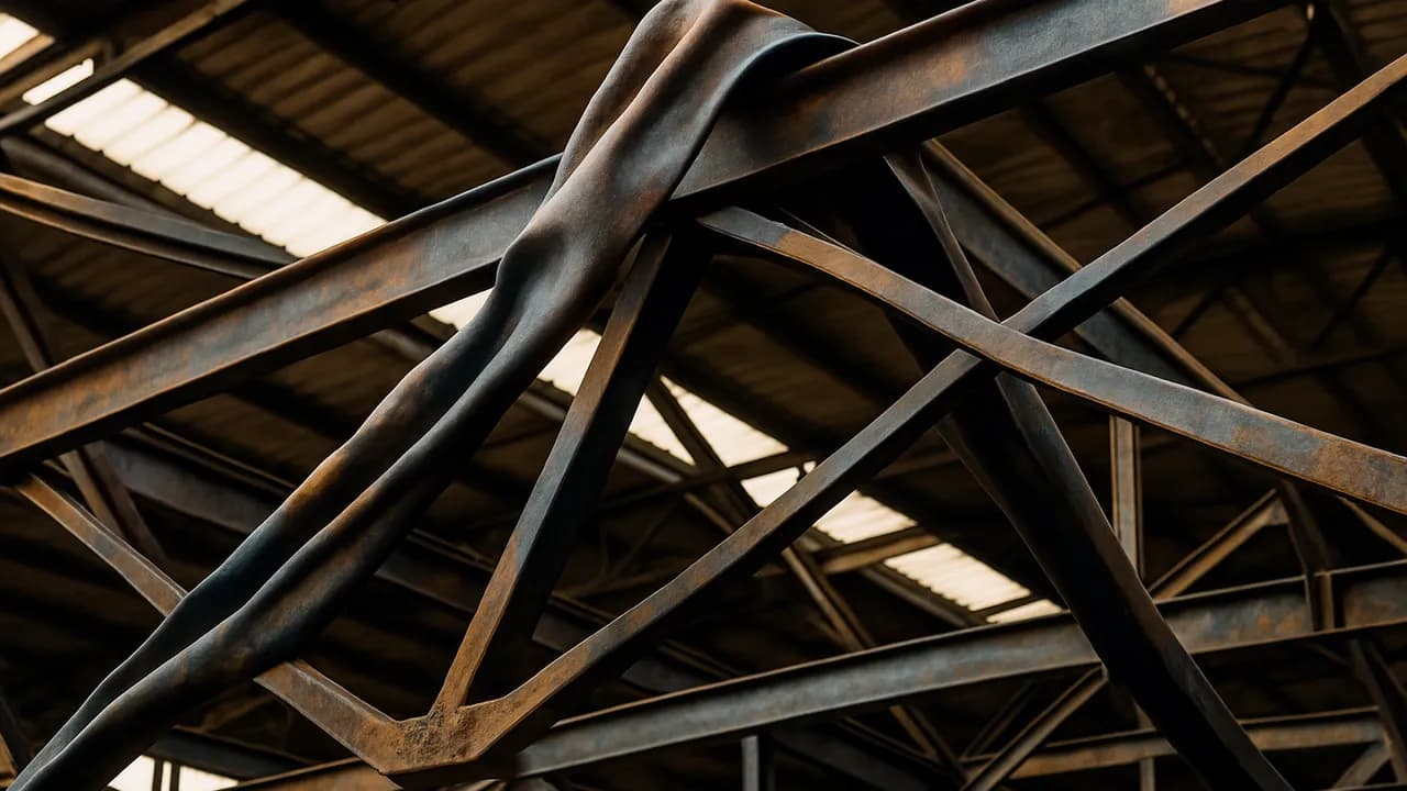 Treliça metálica com empenamento e perda de alinhamento após exposição térmica intensa.