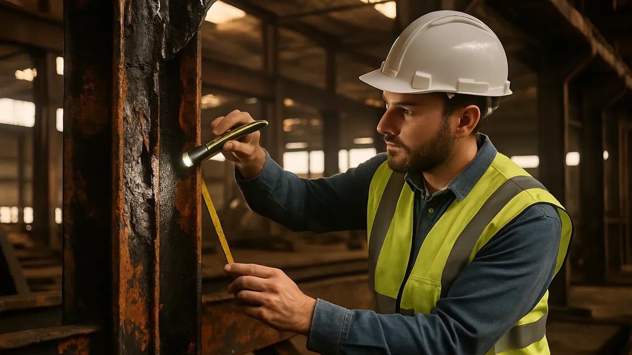 Vistoria técnica de elementos metálicos para avaliação da resistência residual após incêndio.